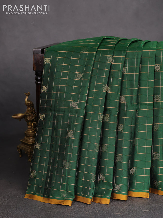 Pure soft silk saree green and dark mustard with allover zari checked pattern & buttas and piping border