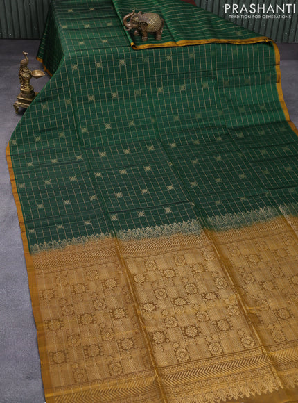 Pure soft silk saree green and dark mustard with allover zari checked pattern & buttas and piping border