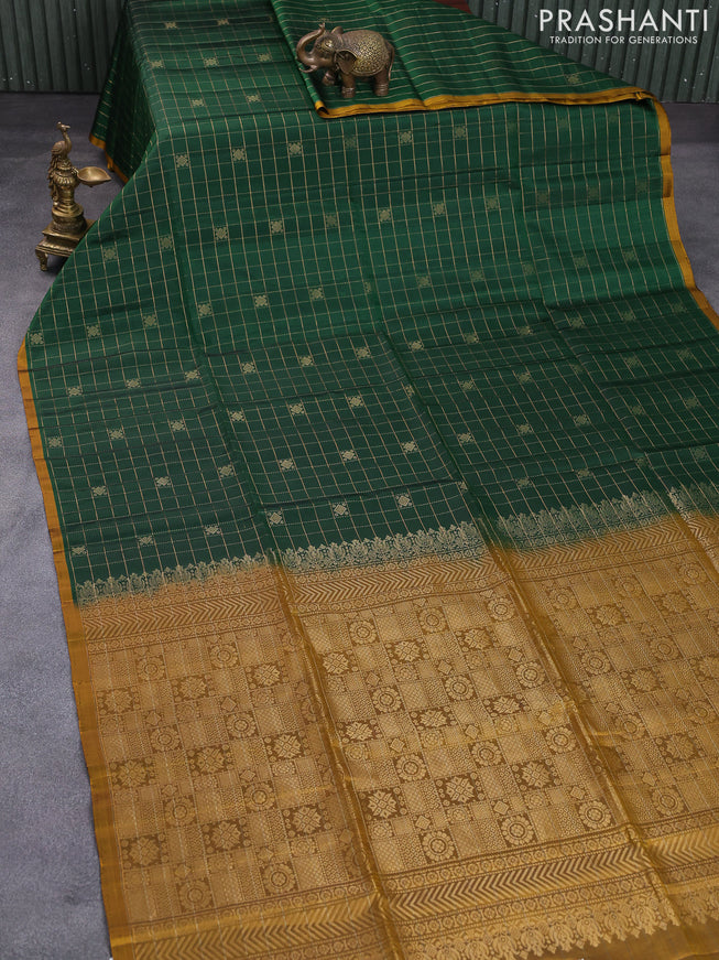 Pure soft silk saree green and dark mustard with allover zari checked pattern & buttas and piping border