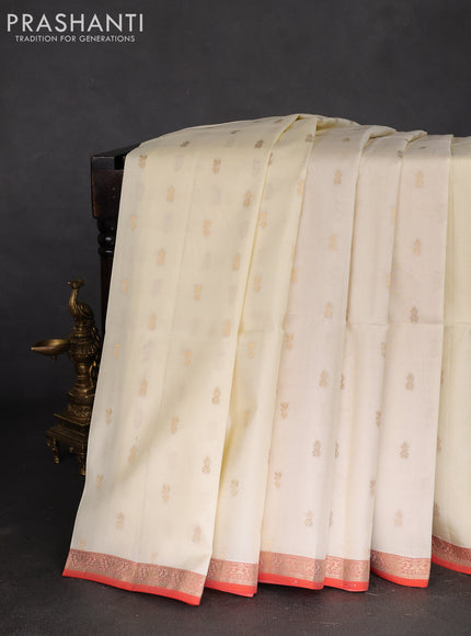 Pure soft silk saree off white and dual shade of pinkish orange with zari woven buttas and zari woven border