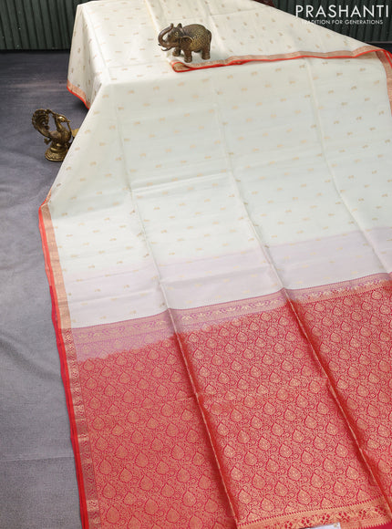Pure soft silk saree off white and dual shade of pinkish orange with zari woven buttas and zari woven border