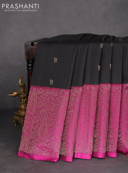 Pure soft silk saree black and magenta pink with zari woven buttas and long zari woven border