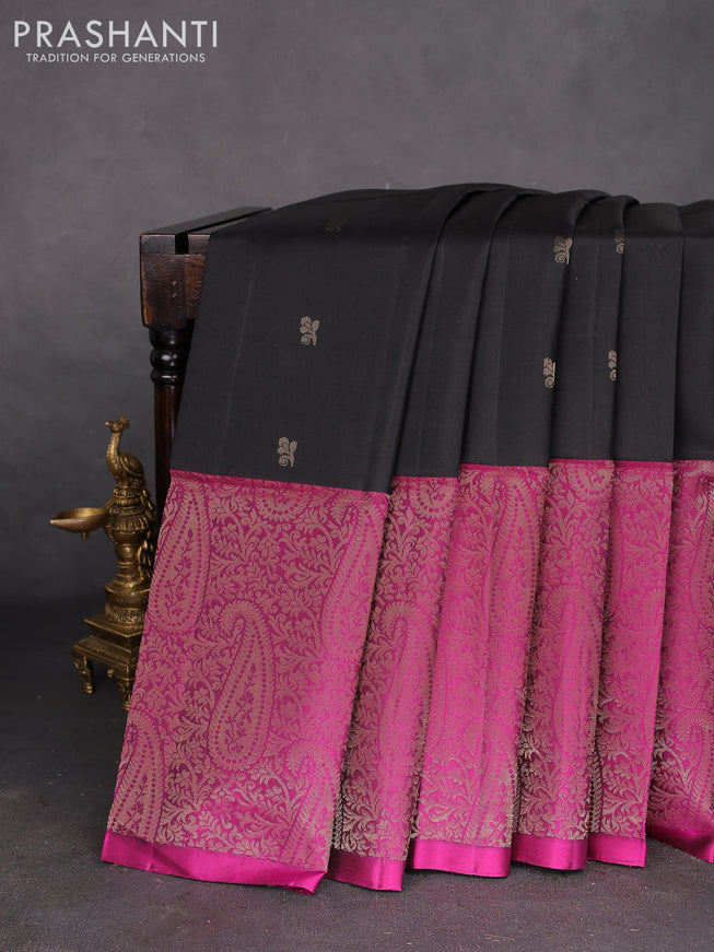 Pure soft silk saree black and magenta pink with zari woven buttas and long zari woven border