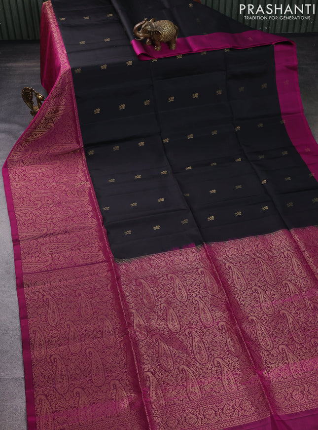 Pure soft silk saree black and magenta pink with zari woven buttas and long zari woven border