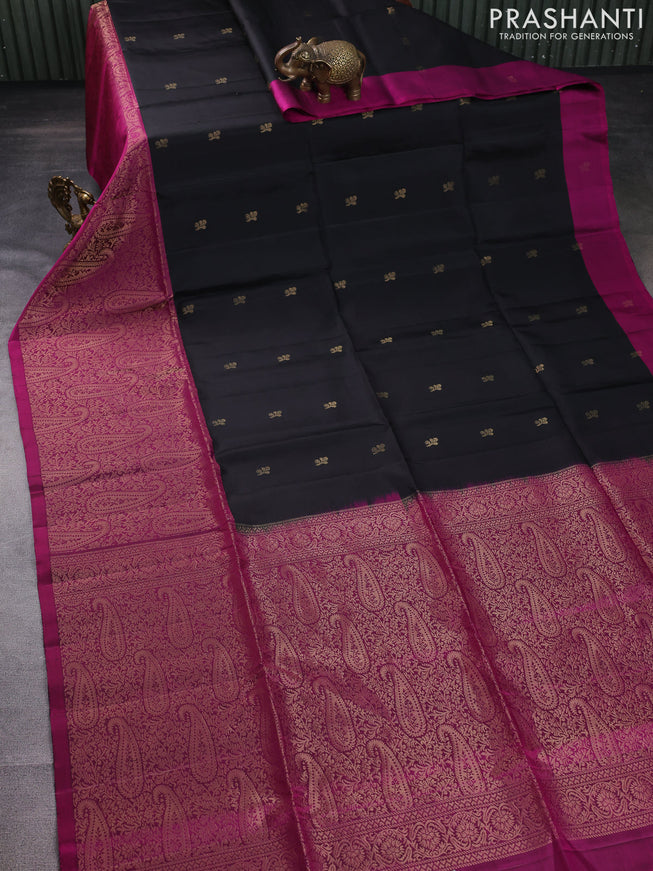 Pure soft silk saree black and magenta pink with zari woven buttas and long zari woven border