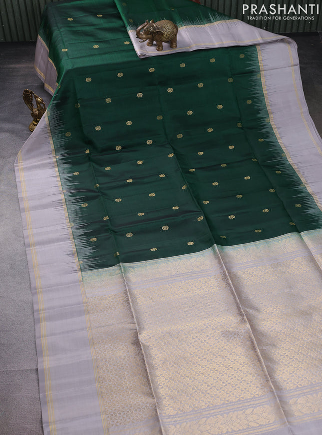 Pure soft silk saree green and grey with zari woven buttas and rettapet zari woven border