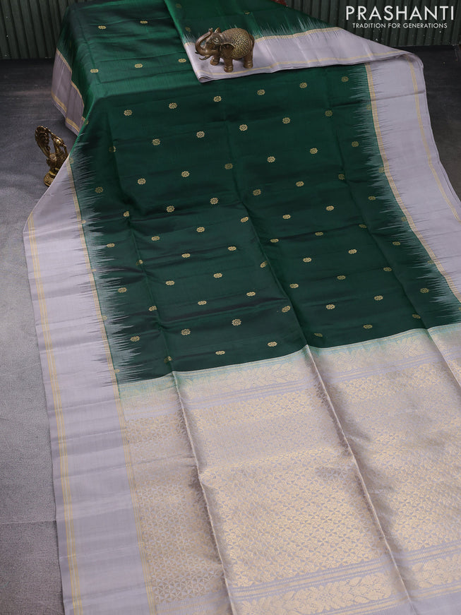 Pure soft silk saree green and grey with zari woven buttas and rettapet zari woven border