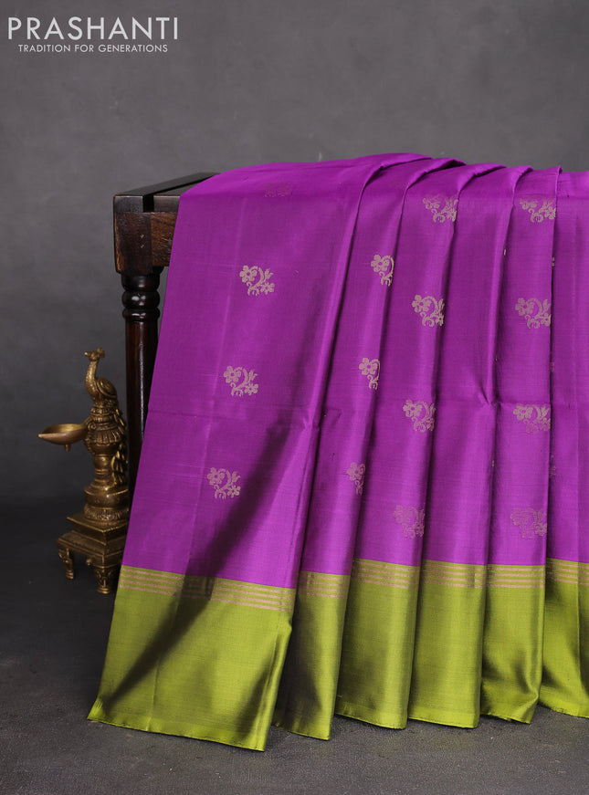Pure soft silk saree purple and mehendi green with zari woven buttas and zari woven simple border