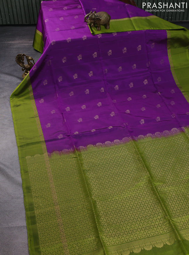 Pure soft silk saree purple and mehendi green with zari woven buttas and zari woven simple border