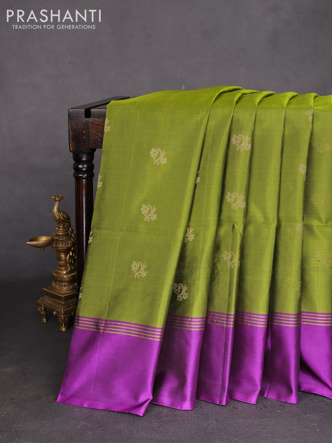 Pure soft silk saree mehendi green and purple with zari woven buttas and zari woven simple border
