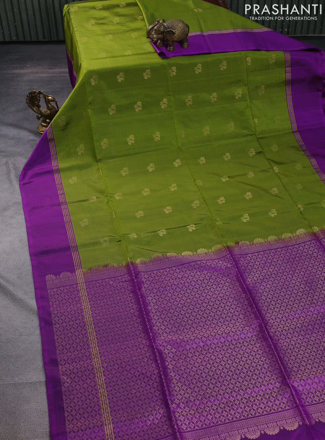 Pure soft silk saree mehendi green and purple with zari woven buttas and zari woven simple border
