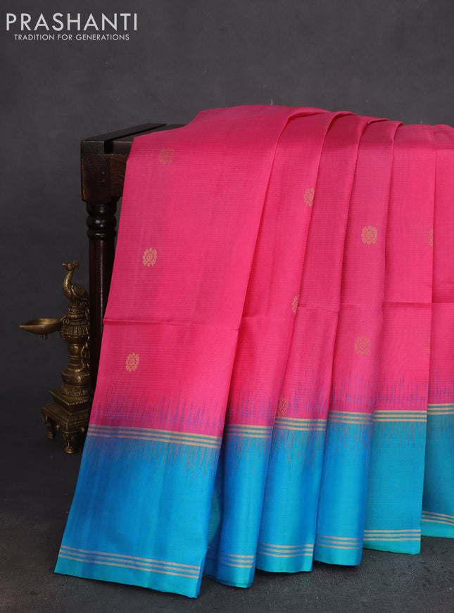 Pure soft silk saree pink and dual shade of teal blue with zari woven buttas and rettapet zari woven border