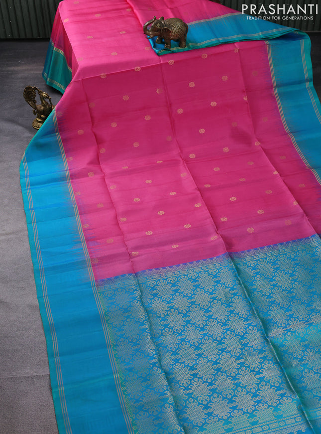 Pure soft silk saree pink and dual shade of teal blue with zari woven buttas and rettapet zari woven border