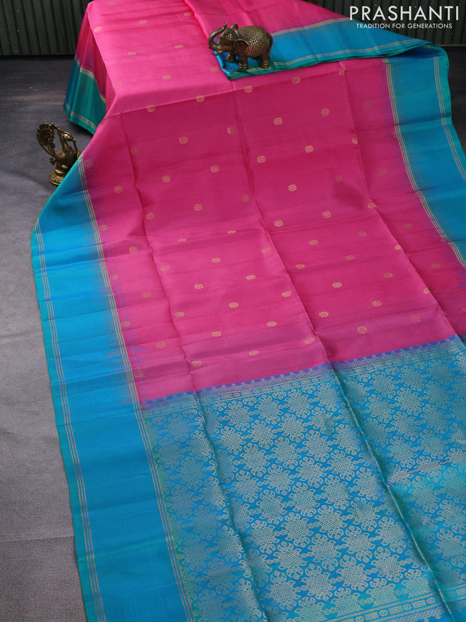 Pure soft silk saree pink and dual shade of teal blue with zari woven buttas and rettapet zari woven border