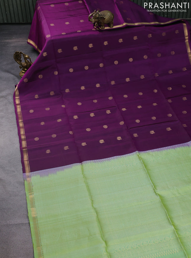 Pure soft silk saree purple and dual shade of teal green with zari woven buttas and small zari woven border