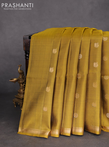 Pure soft silk saree mustard green and black with zari woven buttas and small zari woven border
