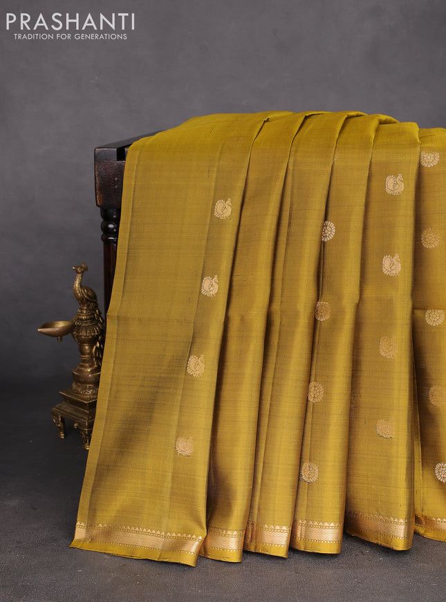 Pure soft silk saree mustard green and black with zari woven buttas and small zari woven border