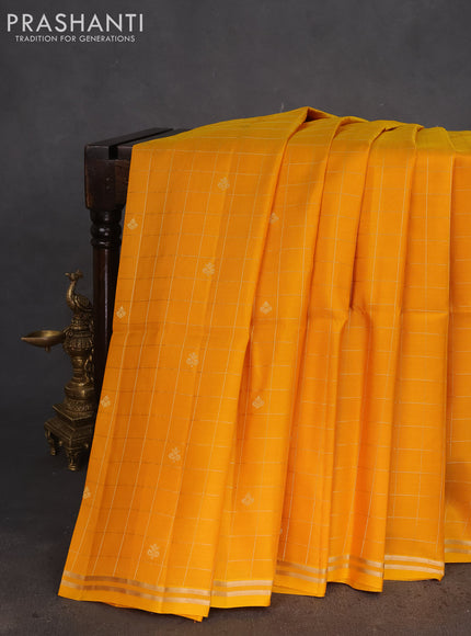 Pure soft silk saree mustard yellow and dual shade of pinkish orange with allover small zari checks & buttas and simple zari border