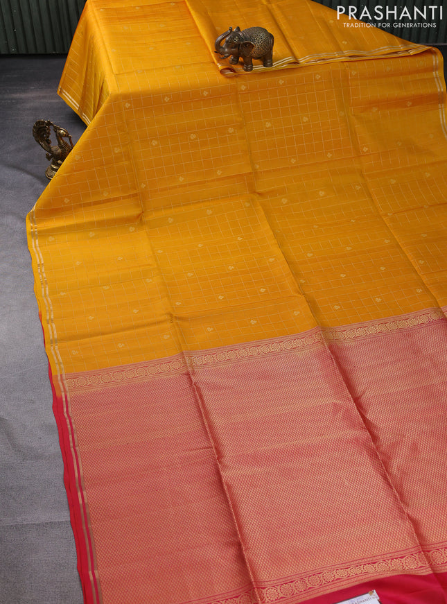 Pure soft silk saree mustard yellow and dual shade of pinkish orange with allover small zari checks & buttas and simple zari border