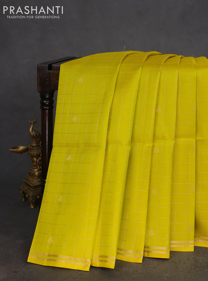 Pure soft silk saree lime yellow and purple with allover small zari checks & buttas and simple zari border