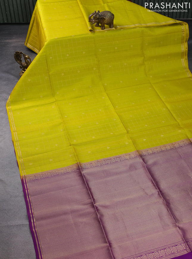 Pure soft silk saree lime yellow and purple with allover small zari checks & buttas and simple zari border