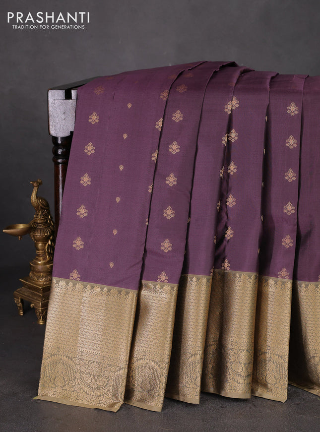 Pure kanchipuram silk saree jamun shade and chikku shade with allover zari woven buttas and long rich zari woven border