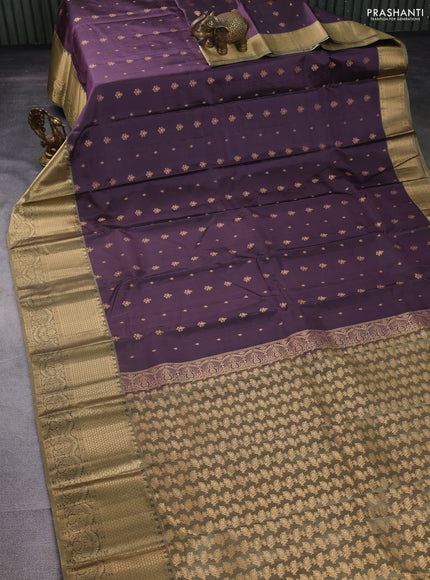 Pure kanchipuram silk saree jamun shade and chikku shade with allover zari woven buttas and long rich zari woven border