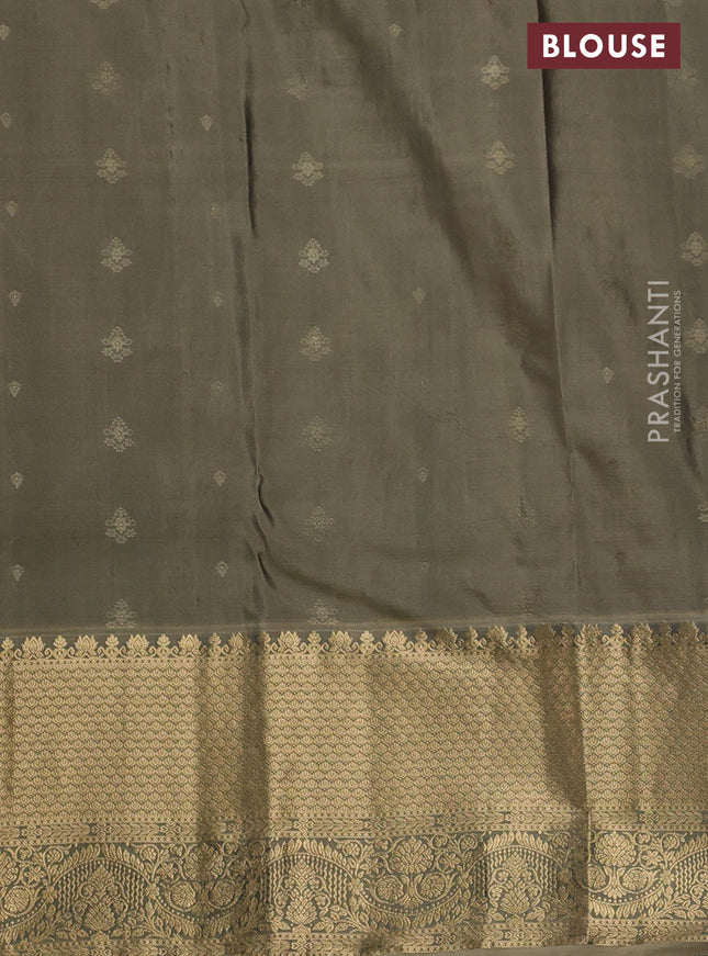 Pure kanchipuram silk saree jamun shade and chikku shade with allover zari woven buttas and long rich zari woven border
