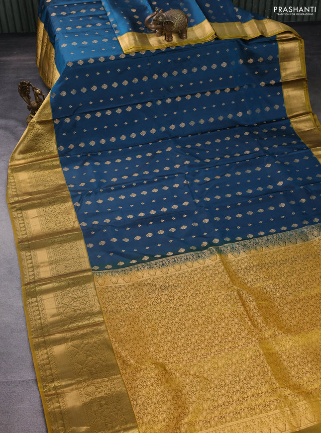 Pure kanchipuram silk saree peacock blue and mehendi green with allover zari woven buttas and long rich zari woven border