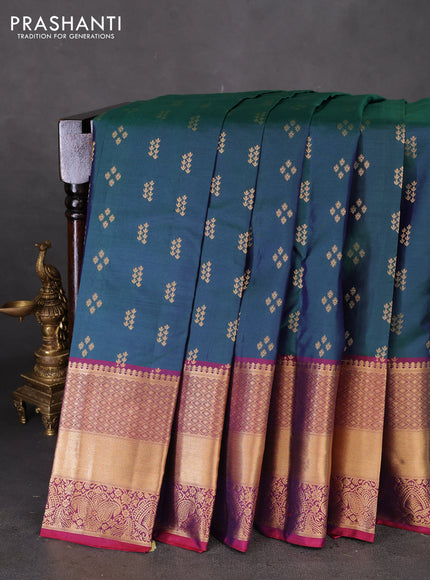 Pure kanchipuram silk saree dual shade of bluish green and dual shade of maroon with allover zari woven buttas and long rich zari woven border