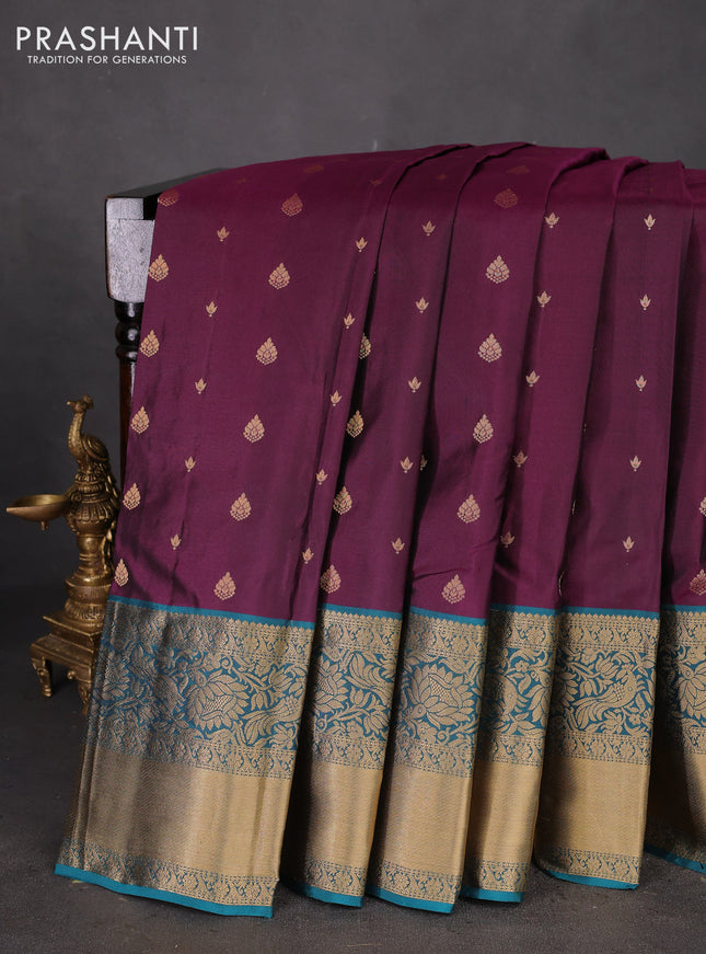 Pure kanchipuram silk saree purple and peacock green with allover zari woven buttas and long rich zari woven border