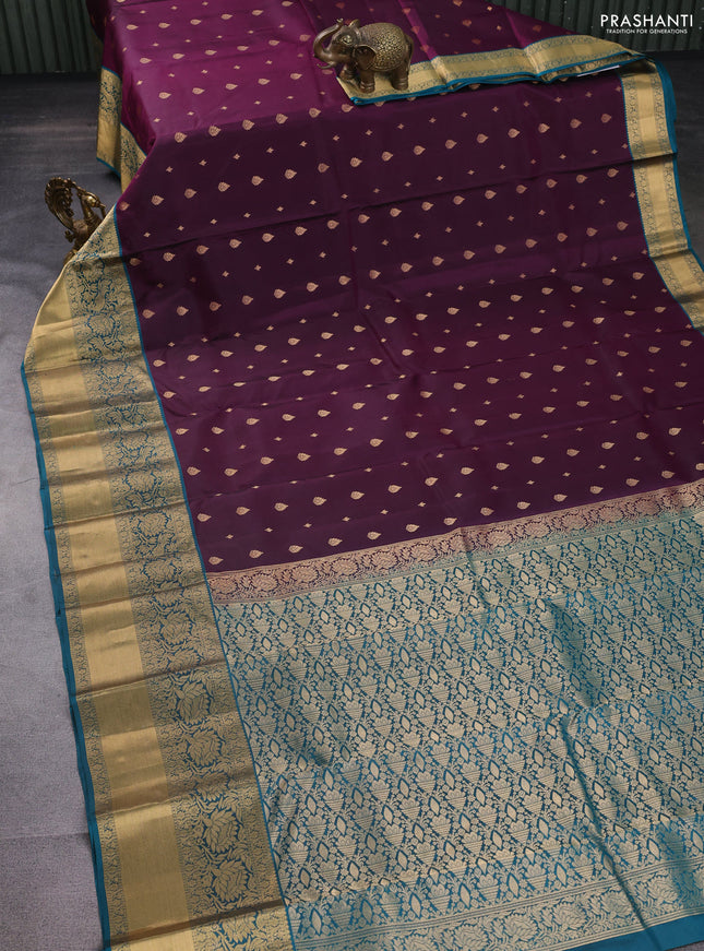 Pure kanchipuram silk saree purple and peacock green with allover zari woven buttas and long rich zari woven border