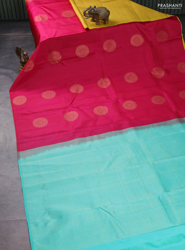 Pure kanchipuram partly silk saree pink and yellow teal blue with zari woven buttas in borderless style