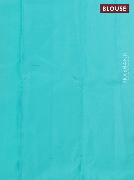 Pure kanchipuram partly silk saree pink and yellow teal blue with zari woven buttas in borderless style