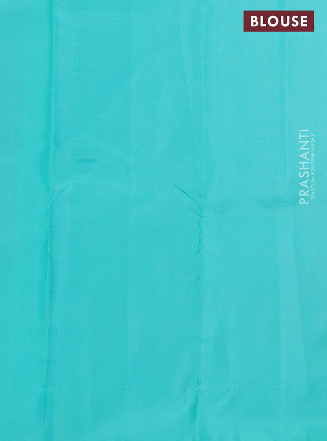 Pure kanchipuram partly silk saree pink and yellow teal blue with zari woven buttas in borderless style