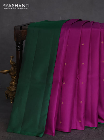 Pure kanchipuram partly silk saree gree and red purple with zari woven buttas in borderless style