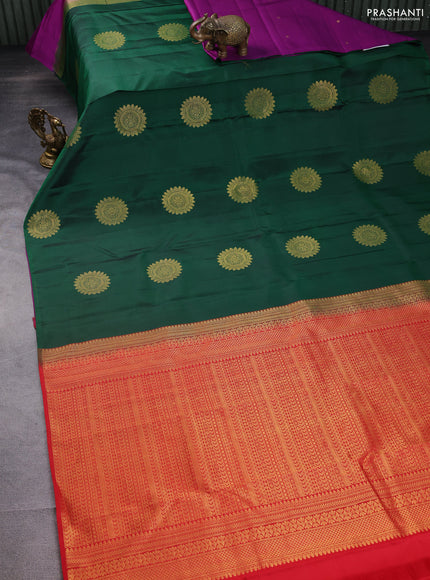 Pure kanchipuram partly silk saree gree and red purple with zari woven buttas in borderless style