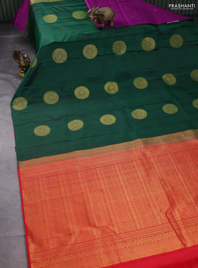 Pure kanchipuram partly silk saree gree and red purple with zari woven buttas in borderless style