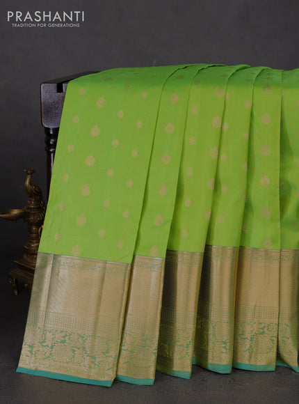 Pure kanchipuram silk saree light green and teal blue with zari woven buttas and long zari woven border