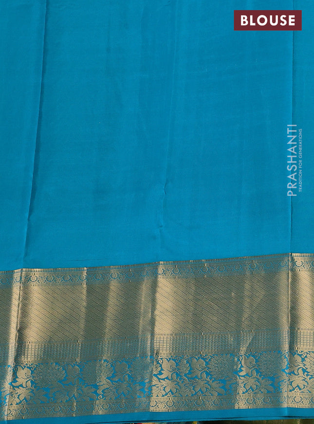 Pure kanchipuram silk saree light green and teal blue with zari woven buttas and long zari woven border