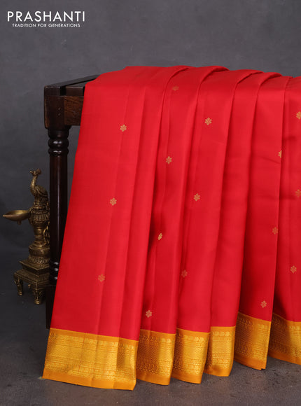 Pure kanchipuram silk saree red and mustard yellow with zari woven buttas and zari woven korvai border