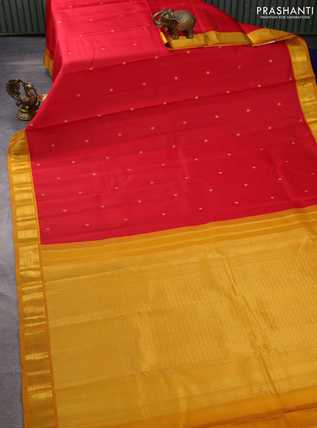 Pure kanchipuram silk saree red and mustard yellow with zari woven buttas and zari woven korvai border