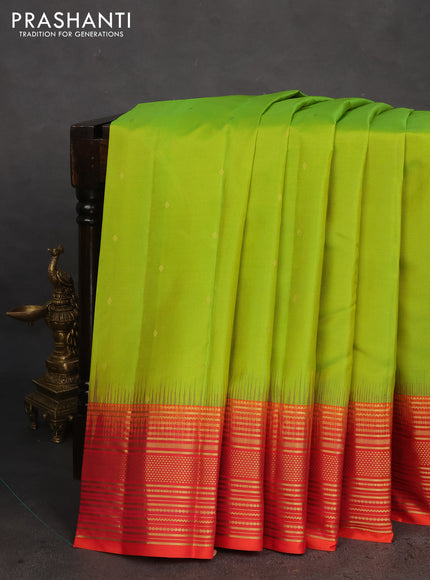 Pure kanchipuram silk saree lime green and dual shade of pinkish orange with zari woven buttas and zari woven border