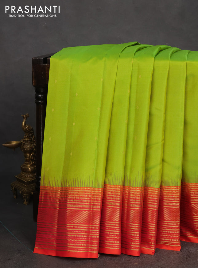 Pure kanchipuram silk saree lime green and dual shade of pinkish orange with zari woven buttas and zari woven border