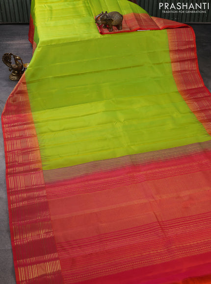 Pure kanchipuram silk saree lime green and dual shade of pinkish orange with zari woven buttas and zari woven border