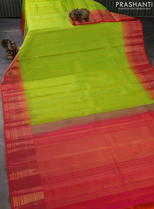 Pure kanchipuram silk saree lime green and dual shade of pinkish orange with zari woven buttas and zari woven border