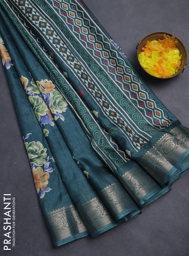 Semi dola saree peacock green with floral butta prints and zari woven border