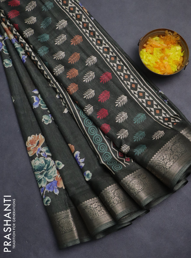 Semi dola saree sap green with floral butta prints and zari woven border