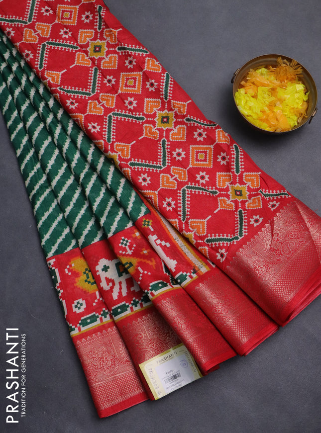 Semi dola saree green and red with allover leheriya prints and long ikat printed zari border