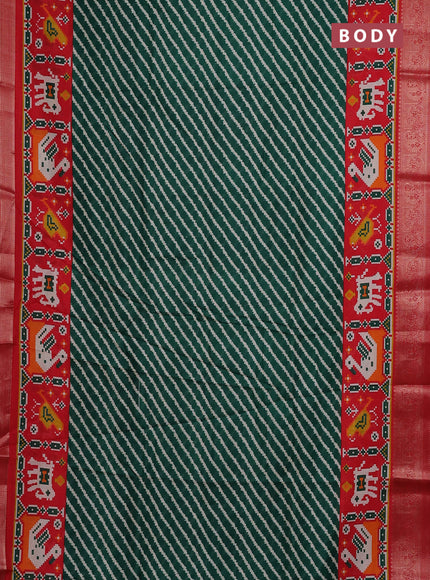 Semi dola saree green and red with allover leheriya prints and long ikat printed zari border